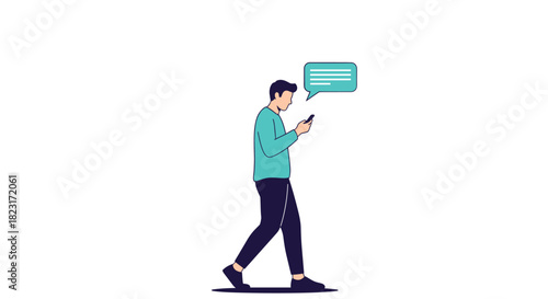 A young man walks while looking at his smartphone, engrossed in a text message conversation, indicating mobile communication and digital interaction.