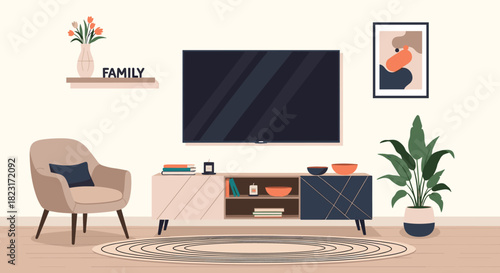 A modern and inviting living room featuring an entertainment center with a large TV, a comfortable armchair, and stylish home decor.