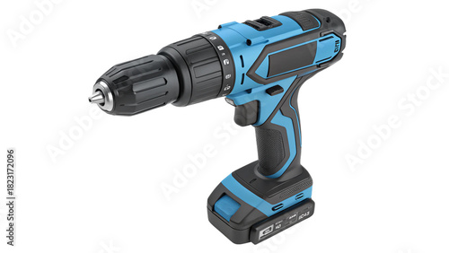 Blue and black cordless power drill isolated on transparent background, a tool for construction and diy projects
