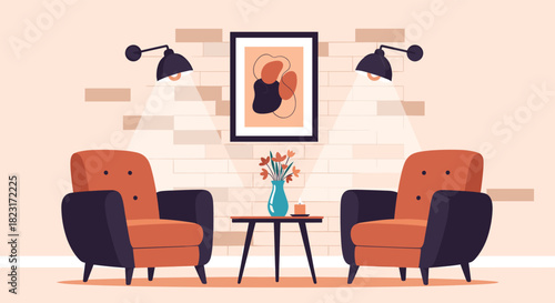 A modern and inviting lounge space with two comfortable armchairs, a decorative table holding flowers, abstract art, and warm lighting.