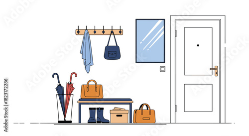 A modern and minimalist hallway interior featuring a coat rack, storage bench, mirror, and front door, depicting an organized home entryway.