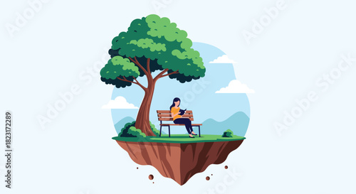 A woman finds tranquility reading a book on a park bench beneath a large tree, all situated on a magical floating island in the sky.