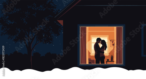 From outside, a loving couple is seen embracing in the warm glow of their home on a quiet winter evening.