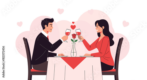 A cheerful couple on a romantic date raises wine glasses in a toast, surrounded by hearts and a beautiful red rose.
