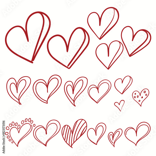 Collection of hand-drawn red hearts with varying styles and sizes on a white background love romance