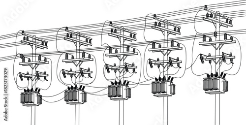 Silhouette utility poles with electrical transformers, insulators, and power lines, detailed energy distribution infrastructure vector illustration for stock content in electricity systems