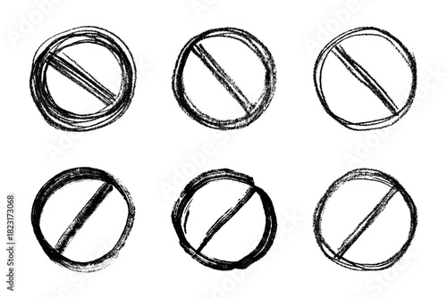 Set of hand drawn prohibition sign No entry symbol Black circle with cross line clipart in doodle style Ban Restriction Forbidden stop Single element for print, web, design