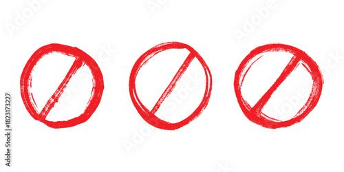 Set of hand drawn prohibition sign No entry symbol Red circle with cross line clipart in doodle style Ban Restriction Forbidden stop Single element for print, web, design