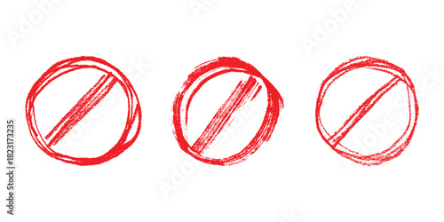 Set of hand drawn prohibition sign No entry symbol Red circle with cross line clipart in doodle style Ban Restriction Forbidden stop Single element for print, web, design