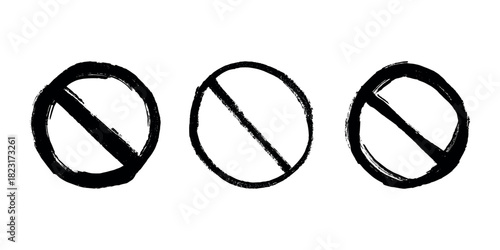 Set of hand drawn prohibition sign No entry symbol Black circle with cross line clipart in doodle style Ban Restriction Forbidden stop Single element for print, web, design