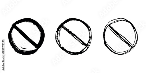 Set of hand drawn prohibition sign No entry symbol Black circle with cross line clipart in doodle style Ban Restriction Forbidden stop Single element for print, web, design
