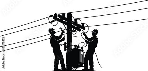 Silhouette utility workers repairing power line on utility pole with transformer and electrical wires, vector illustration for stock content in energy infrastructure and teamwork safety