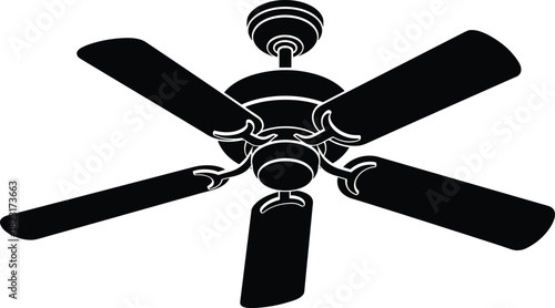 PrintBlack and white ceiling fan vector illustration, five-blade air circulation device, cooling and ventilation symbol, modern home interior appliance element, electric rotor silhouette.