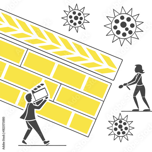 Filmmaker Building Wall with Sun Icons and Person Playing Tennis abstract ball