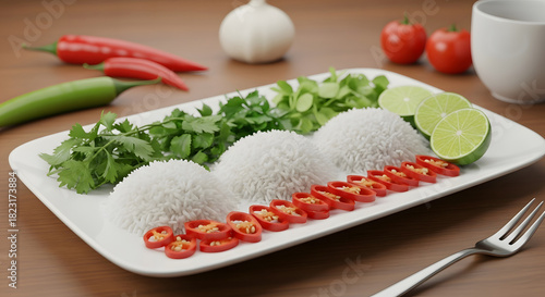 A Culinary Symphony: An artful arrangement of culinary ingredients, showcasing rice mounds alongside vibrant cilantro, chili, and zesty lime, on a pristine plate.