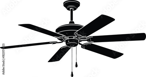 PrintBlack silhouette vector illustration of a modern ceiling fan, six-blade air circulation device, cooling and ventilation symbol, classic home interior appliance element, electric rotor.