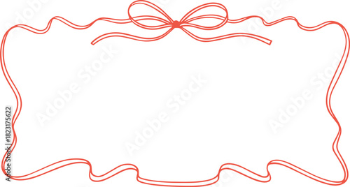 Horizontal rectangle bow ribbon frame. Hand drawn cute line doodle border. Vintage wedding festive decorative element. Trendy coquette girly style. 