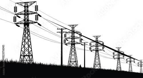 Silhouette transmission towers and utility poles with power lines across sloped grassy terrain, vector illustration for stock content in electricity distribution and energy infrastructure