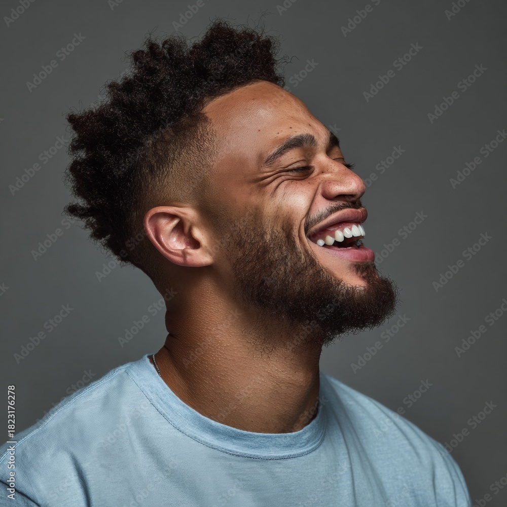 Obraz premium Modern portrait of a happy young man radiating positive vibes in simplicity. Editorial style. Effervescent joy immortalized: young man in blue t-shirt with artful backdrop. High resolution.