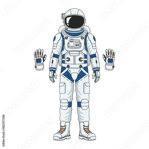 Astronaut spacesuit illustration with separate gloves for exploration