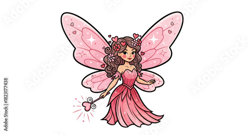 Charming fairy with pink wings and heart-shaped wand, perfect for magical stories and whimsical designs, evokes joy, beauty, and innocence