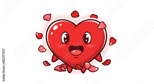 Adorable heart character surrounded by falling rose petals brings joy, love, and happiness for Valentine's cards and romantic designs