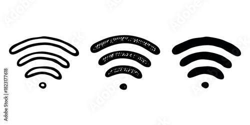 Set of hand drawn free wifi spot zone sign Public wi-fi area sign Wireless internet clipart in doodle style Single element for print, web, design, decor 3G, 4G, 5G, 6G, IoT