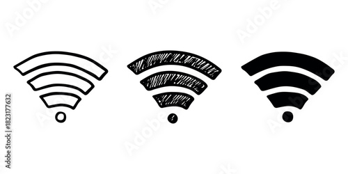 Set of hand drawn free wifi spot zone sign Public wi-fi area sign Wireless internet clipart in doodle style Single element for print, web, design, decor 3G, 4G, 5G, 6G, IoT