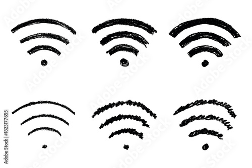 Set of hand drawn free wifi spot zone sign Public wi-fi area sign Wireless internet clipart in doodle style Single element for print, web, design, decor 3G, 4G, 5G, 6G, IoT