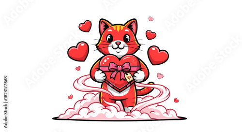 Adorable cartoon cat offering a heart-shaped gift box surrounded by love and affection, perfect for Valentine's Day promotions or heartfelt greetings