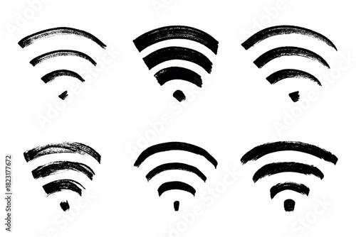 Set of hand drawn free wifi spot zone sign Public wi-fi area sign Wireless internet clipart in doodle style Single element for print, web, design, decor 3G, 4G, 5G, 6G, IoT