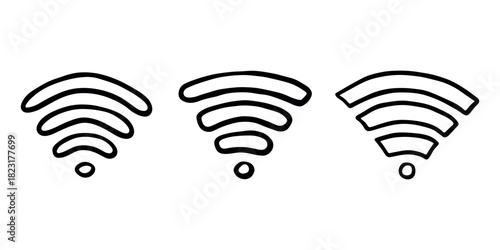 Set of hand drawn free wifi spot zone sign Public wi-fi area sign Wireless internet clipart in doodle style Single element for print, web, design, decor 3G, 4G, 5G, 6G, IoT