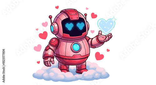 Adorable cartoon robot with heart eyes offering a sparkling heart on a cloud surrounded by love, perfect for Valentine's Day or expressing affection