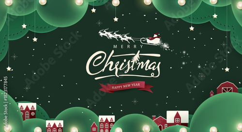 Christmas banner background with festive village winter scene Santa sleigh snow and decorative elements for holiday greetings and seasonal promotions