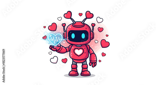 Adorable robot offering a shining heart, spreading love and joy this Valentine's Day, perfect for tech-themed greetings and digital affections