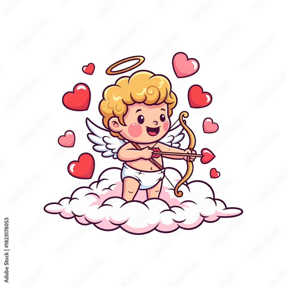 Obraz premium Adorable cupid aiming heart arrow on cloud, spreading love and Valentine's Day cheer with his bow, perfect for festive designs and greetings