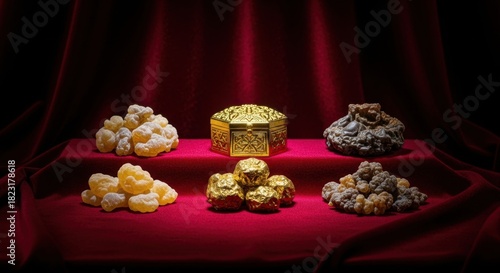 Frankincense, myrrh, and gold on a red velvet cloth, representing the gifts of the magi.
