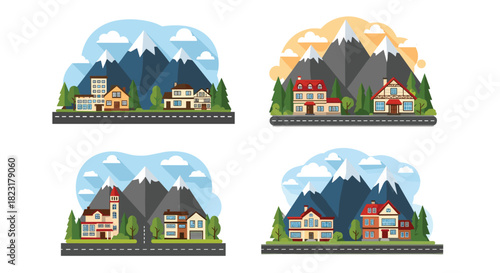 Set of four illustrations showing charming houses and small suburban towns nestled at the base of majestic, snow-capped mountains.