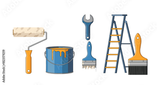 Set of essential tools for home renovation and painting, including a paint roller, brushes, ladder, and a can of orange paint.