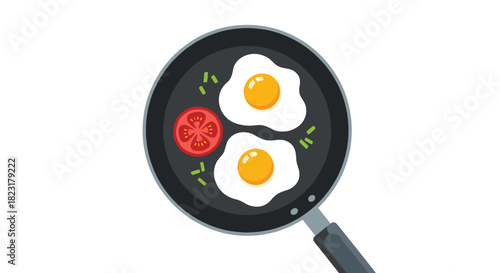 Top-down view of two delicious sunny-side-up fried eggs with a tomato slice and herbs cooking in a black frying pan.