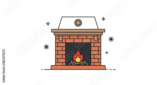Cozy brick fireplace with a warm, crackling fire burning inside, creating a comfortable and festive holiday atmosphere.