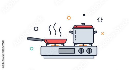 Kitchen stove with a sizzling frying pan and a cooking pot, representing the process of preparing a delicious homemade meal.