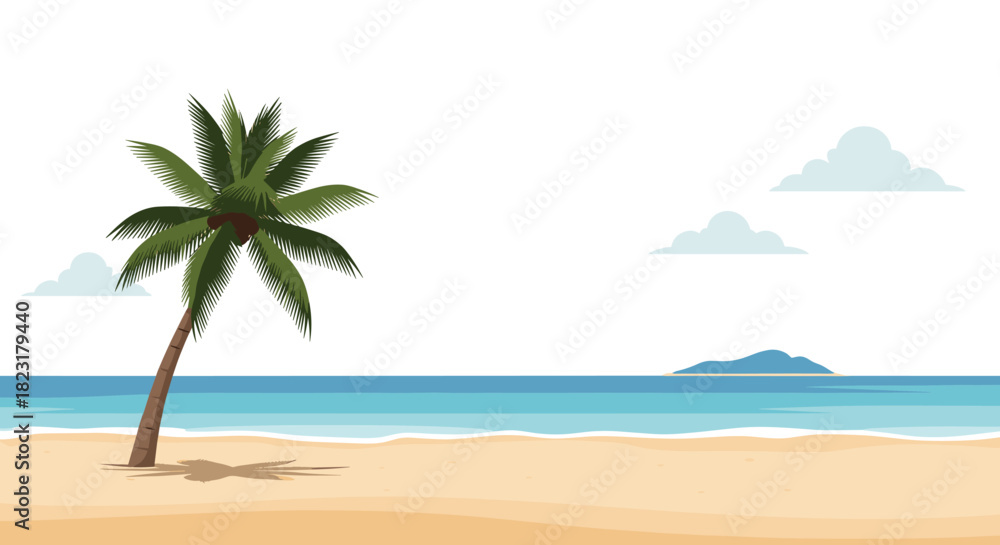 Obraz premium Beautiful and serene tropical beach scene with a single palm tree on the sand and calm blue ocean water on a sunny day.