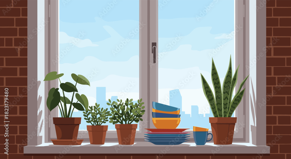Obraz premium Collection of houseplants and colorful dishes on a windowsill in a cozy urban apartment with a view of the city skyline.
