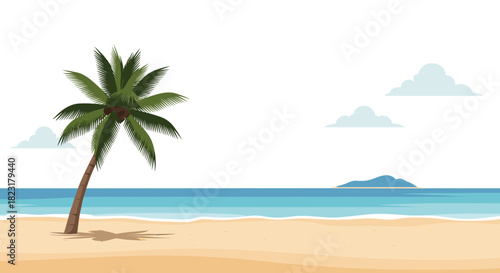 Beautiful and serene tropical beach scene with a single palm tree on the sand and calm blue ocean water on a sunny day.
