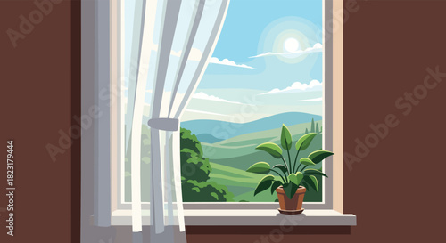 Sunny summer landscape with green rolling hills and blue sky viewed from an open window with a sheer curtain and a potted plant.
