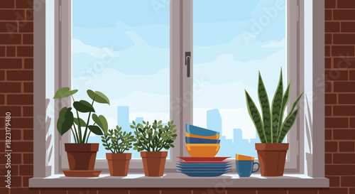 Collection of houseplants and colorful dishes on a windowsill in a cozy urban apartment with a view of the city skyline.