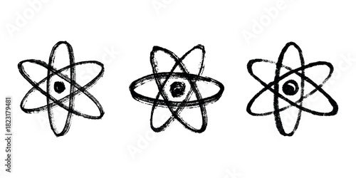 Set of hand drawn atom sign Molecule clipart in doodle style Symbol of science, education, nuclear energy, scientific research, molecular chemistry Single element for print, web, design