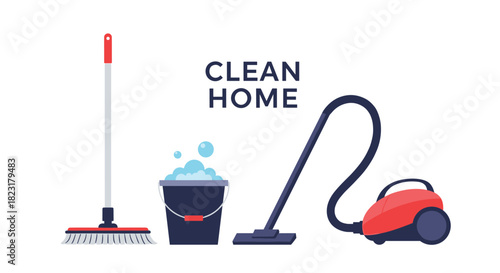 Set of essential home cleaning tools including a mop, a bucket with soapy foam, and a vacuum cleaner on a white background.