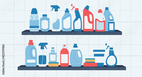 Assortment of colorful cleaning supplies, detergents, and chemicals in plastic bottles arranged neatly on two shelves.